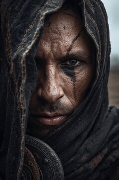 Piercing warrior eye behind torn veil with dust scars and ancient ornament