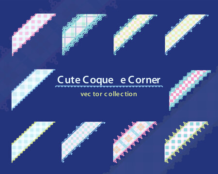 Cute Coquette Lace Corner Vector Set with Pastel Gingham and Ribbon Style