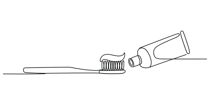 Continuous single line drawing of a toothbrush with toothpaste and a tube of paste