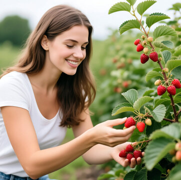 h&uuml;bsche Frau pfl&uuml;ckt Beeren vom Strauch 3