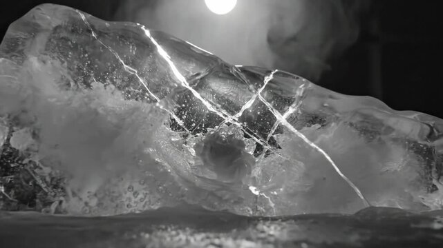 Black and white close up of a scientist examining a large, cracked piece of melting ice with steam