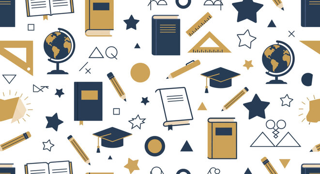 Seamless pattern background with school supplies books and graduation caps.