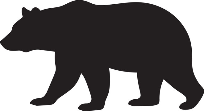 Walking bear silhouette vector graphic, black grizzly bear icon side view isolated on white background, wild animal shape logo design template