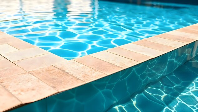 Pool with blue water and tan tiled edge, luxury premium resort backyard patio terrace architecture, swimming sport background layout