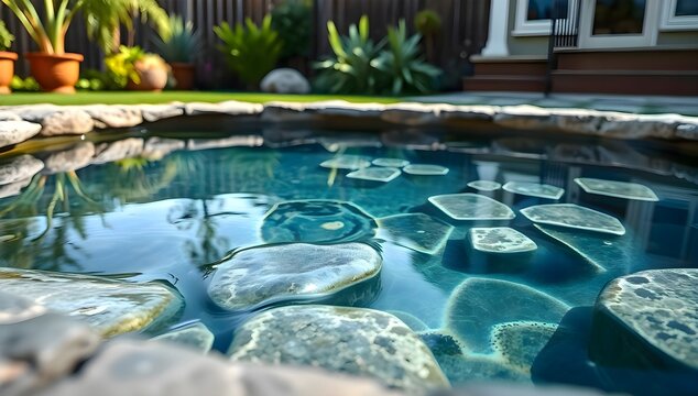 Small pool with stones in middle of it, landscape architectural design patio garden eco pond, zen relaxation decoration texture layout background