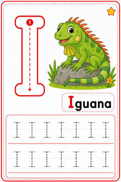 Letter I Tracing Worksheet for Preschool Kids with Cute Iguana Cartoon
