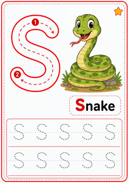 Letter S Tracing Worksheet for Preschool Kids with Cute Snake Cartoon