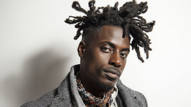 Confident young man showcasing unique hairstyle in stylish attire, exuding charisma and individuality in a contemporary setting.