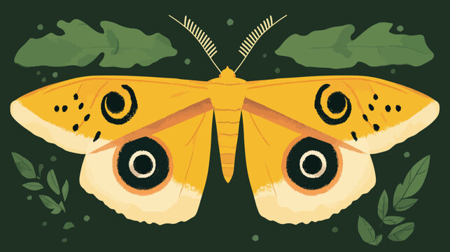 Symmetrical yellow-orange moth with bold eye-spots against a dark green backdrop
