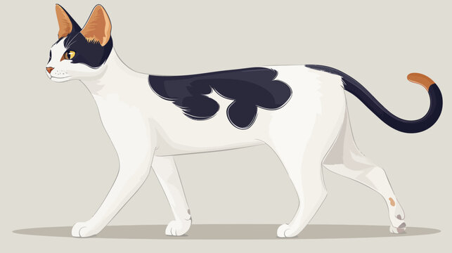 Graceful calico cat walking, white coat with black patches and orange ears bold