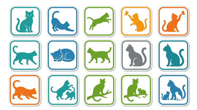 Colorful Flat Design Icons of Various Cats.