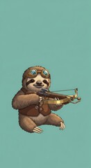 Fototapeta premium Steampunk Sloth Character wearing Goggles and Vest Holding a Crossbow Illustration