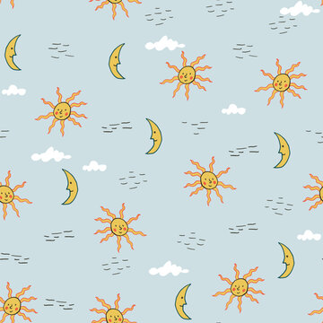 Hand Drawn Celestial Seamless Pattern with Smiling Suns and Crescent Moons blue background