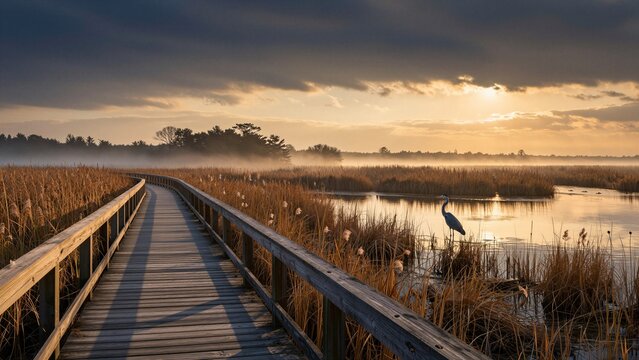 Wooden boardwalk winds through a misty fen landscape at sunrise, with reeds and water reflecting golden light.