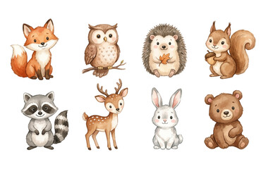 Obraz premium Forest Animals Watercolor Vector Set with Fox Owl Hedgehog and Squirrel