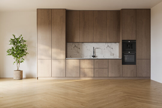 Modern interior design of apartment with wooden kitchen cabinets, empty room, parquet floor, indoor plant, marble backsplash and natural sunlight, 3d rendering