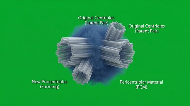 3D Rendered Microscopic View of Centriole Duplication in Vibrant Blue Cells