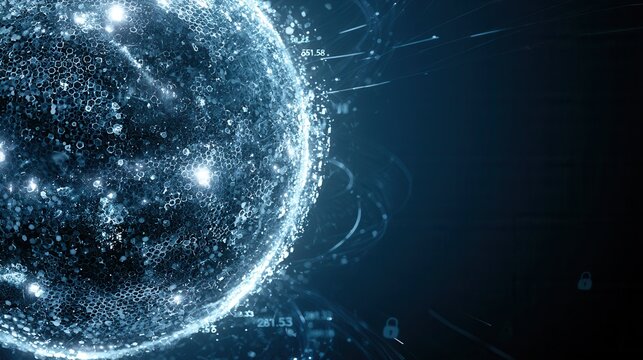 Digital globe appears in a dark environment with numbers and symbols around it representing data and technology on a virtual stage