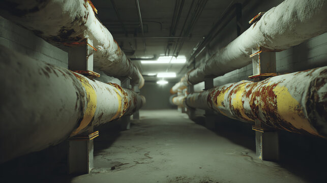 Industrial underground pipes lined in a dim corridor, showcasing age and wear, emphasizing the infrastructure of modern utilities.