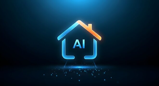 AI house, smart home icon, artificial intelligence symbol, glowing blue and orange logo