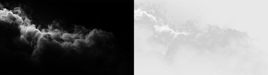 White smoke billows in a swirling pattern against a plain background as it slowly drifts and fades away, PNG with a light overlay © Liubov