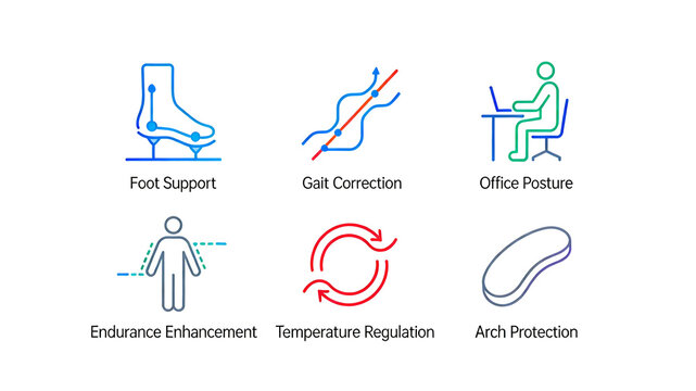 Footwear, sitting posture, and arch icon represent foot protection, posture correction, and temperature regulation features, suitable for sports insoles and ergonomic office chairs promotion.
