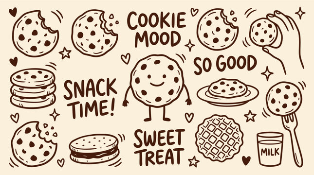 Cute hand-drawn cookie and snack doodle set with chocolate chip cookies, milk, and sweet text elements. Cheerful mood, perfect for bakery menu, stickers, and scrapbooking.
