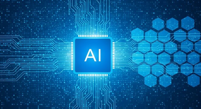 Artificial intelligence, AI technology, circuit board, blue neon light