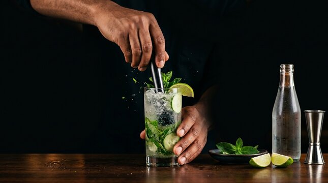 Man's hands muddling fresh mint cucumber mocktail in dark bar atmosphere, copy space