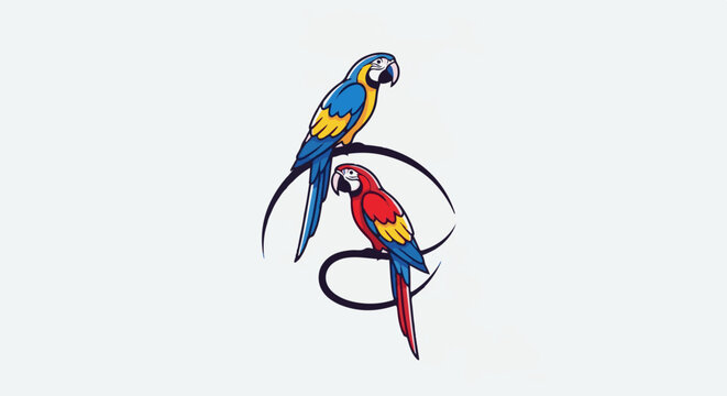 Two brightly colored parrots, a blue and yellow macaw and a red macaw, perched