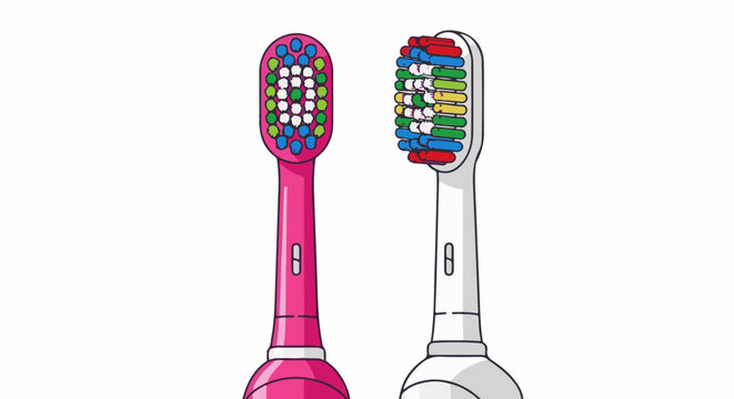 Two colorful toothbrush heads, one pink and one white, displayed side by side