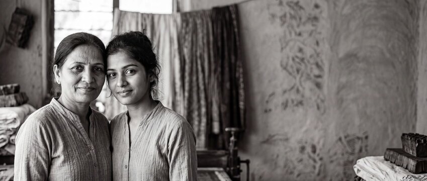 Indian women artisans textile workshop smiling proud heritage portrait in black and white, traditional hand block print craft makers in cottage industry family business, premium wide banner view.