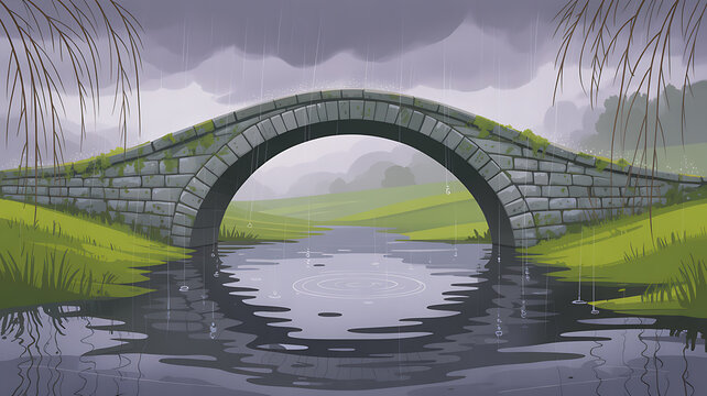Old stone arched bridge over a reflective stream during a stormy rain shower with landscape