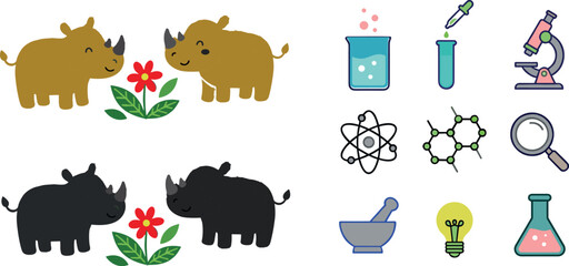  Flat style rhino animal sticker designs with science research icon set featuring magnifying glass molecule test tube beaker and mortar pestle © Sumaiya Akter Sweety