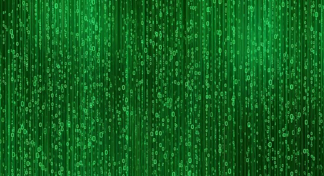 Digital rain, green code, matrix background, futuristic technology, cyberpunk visual effect