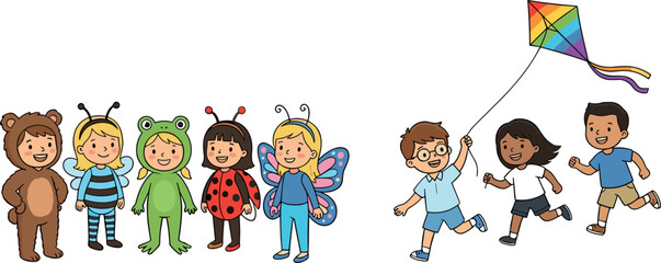 Happy little kids wearing bear bee frog ladybug butterfly costume outfits standing next to children playing with kite vector set © Sumaiya Akter Sweety