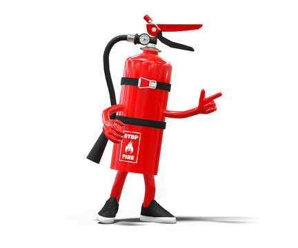 Funny 3D fire extinguisher character pointing isolated on white background - 3D rendering