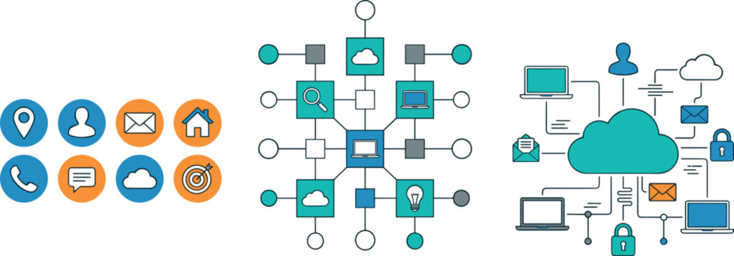 Information technology infrastructure infographic elements with computer data server flow chart web host connection networks and digital contact button icons bundle