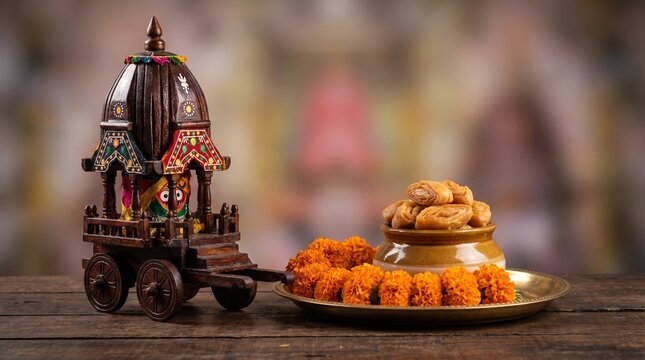 Premium studio still life composition for Jagannath Rath Yatra with a miniature wooden chariot model, fresh marigold flowers, and traditional khaja prasad on a rustic wooden table