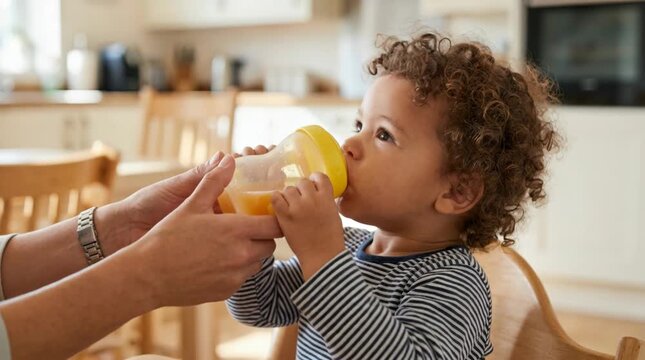 Curly-haired toddler drinking orange juice from a sippy cup in a bright kitchen