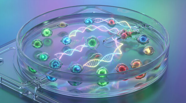 Biotech gene editing therapies colorful dna helix glowing genetic strand lab petri dish medical cell research futuristic innovation concept vibrant science background