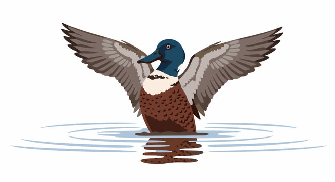 Colorful duck with wings spread wide emerges from rippling water