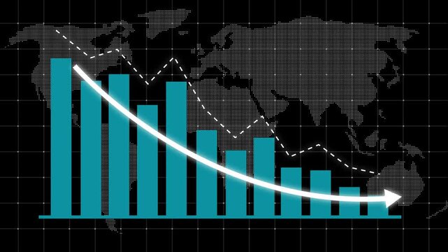 Glowing business bar chart with downward arrow, declining line curve. Symbolizing revenue drop, financial loss, negative growth, market downturn, and decrease business performance, Graph Going down 4k