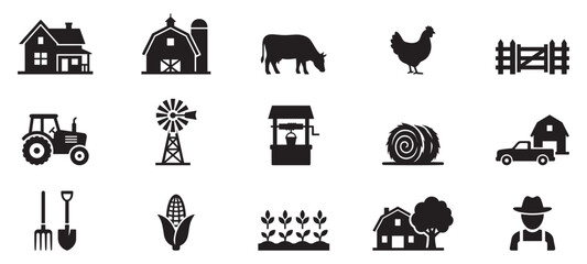 Farming and agriculture icon set. Countryside barn house, tractor, windmill, cow, chicken and harvest symbol. Eco organic rural life sign. Vector illustration. © Jeremy_Show