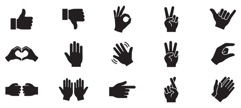 Hand gestures silhouette icon set. Human palm signs, thumbs up, down, okay, victory, counting and handshake symbol. Communication body language. Vector illustration.