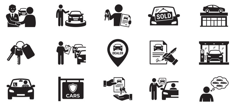 Car dealer and auto sale icon set. Buying vehicle concept, handshake, key, contract, rental and electric charging station symbol. Vector illustration.