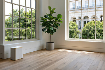 Fototapeta premium Bright room with large windows and a plant on the floor during daylight hours