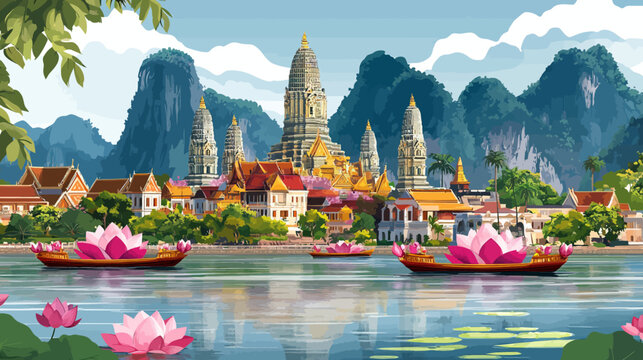 Serene riverside village with traditional pagodas nestled by lush greenery and blooming lotuses, boats gliding on calm waters under a vibrant sky
