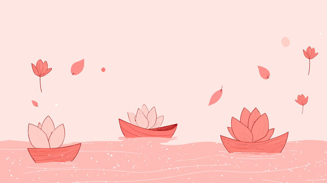 Delicately overlapping lotuses and lotus pods in bold red, pink, beige tones with abstract shapes and minimalist lines forming a modern calligram