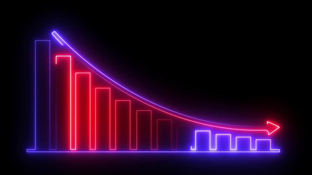 Neon Graph Going down animation. Down business graph icon animation on black background. Loss concept business graph animation. 4k videos